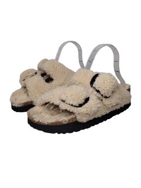 Papillio Arizona Teddy Cream Shearling Big Buckle Two-Strap Slide Sandals Sz 8